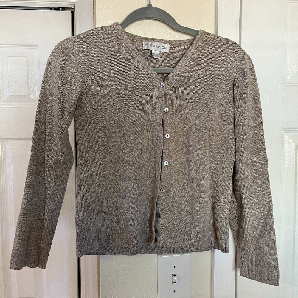 Petite Sophisticate Stone Grey Long-sleeve Button-down Cardigan - Size P